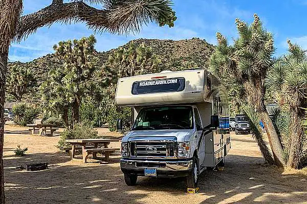 RV parked in basic campsite