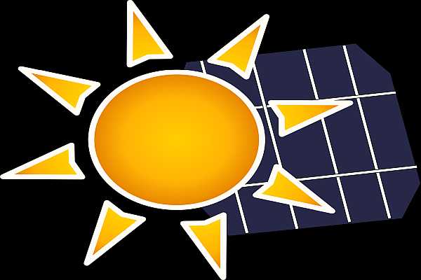 Graphical image of the sun and a blue solar panel behind it